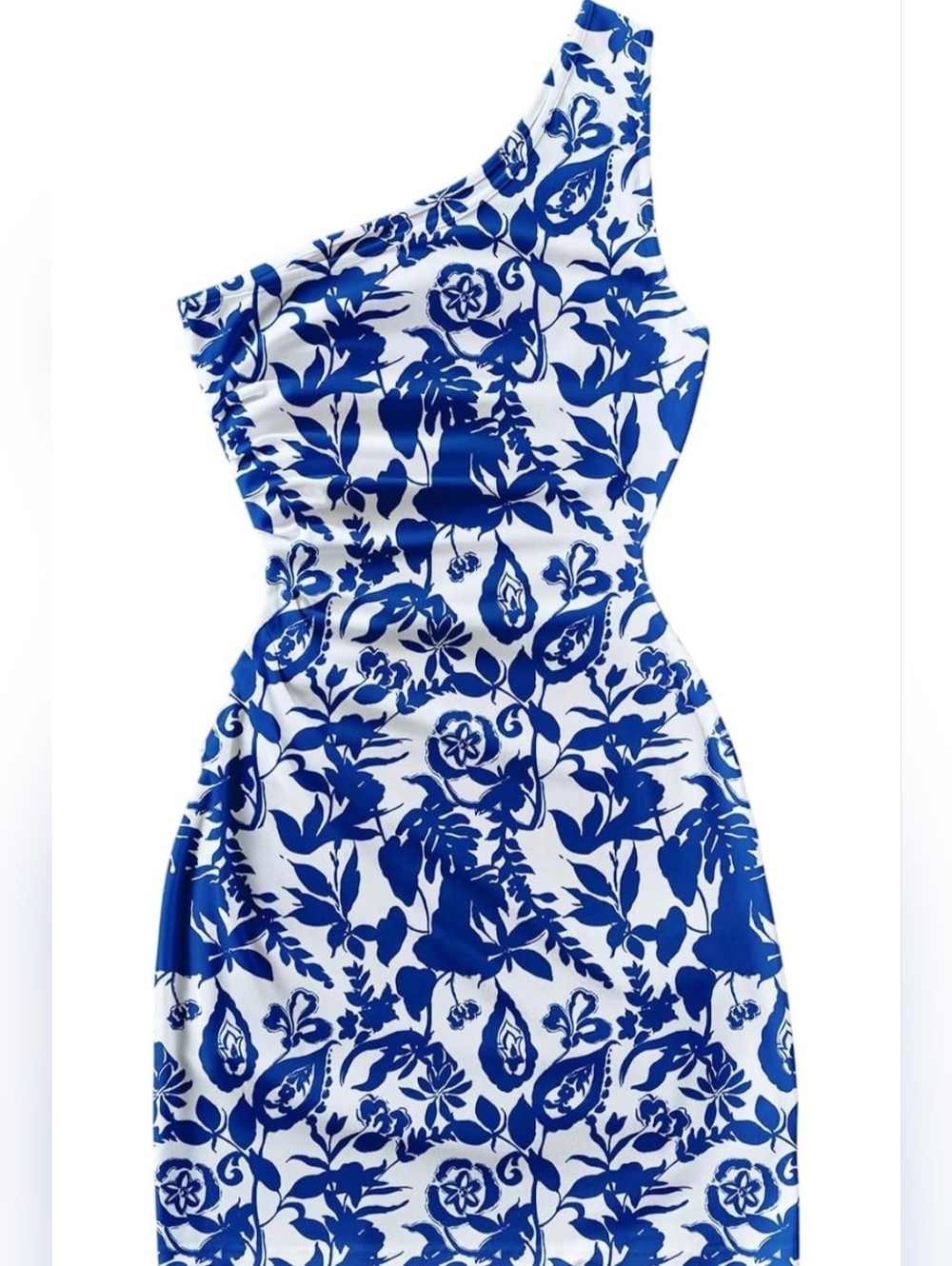 One-Shoulder Blue & White Floral Sheath Dress